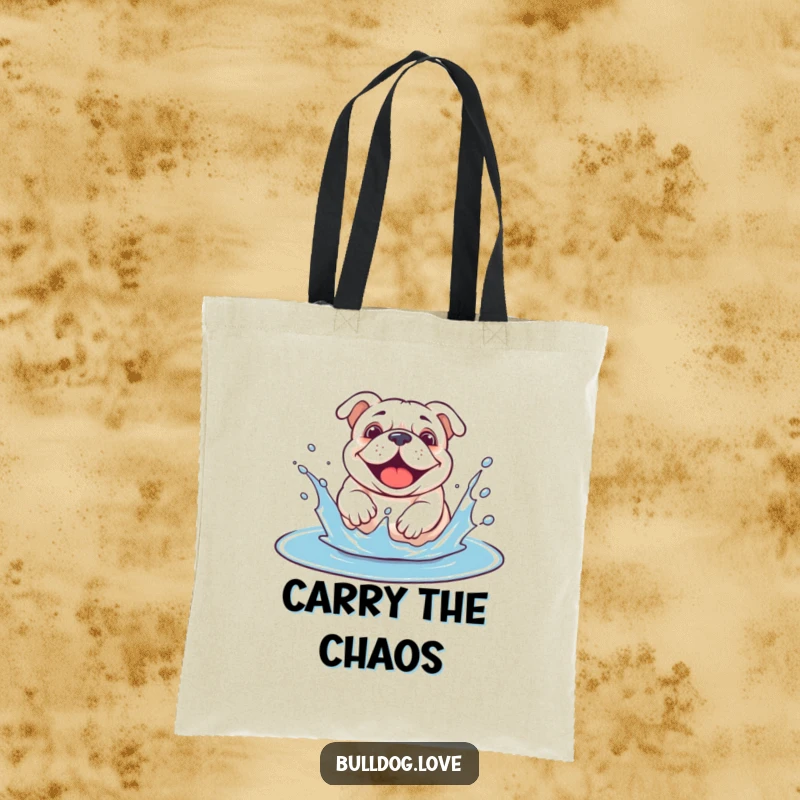 Funny bulldog puddle tote bag showcasing a dog gleefully splashing with happy abandon in a muddy puddle.