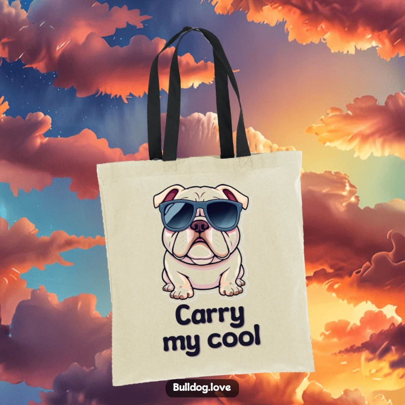 Funny bulldog tote bag showing a dog wearing oversized sunglasses, looking incredibly cool and ready for anything.