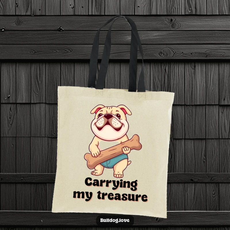 Funny tote bag design showing a joyful bulldog with a happy pant, clutching a substantial, chewed bone, ready for any errand or outing.