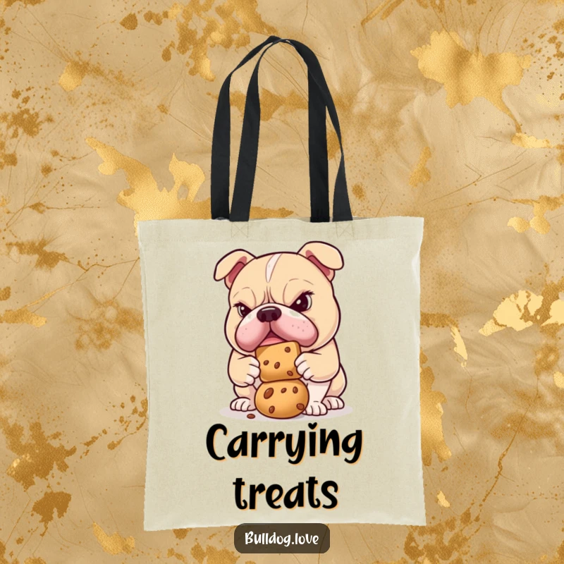 Funny bulldog tote bag with a determined dog focused on balancing a treat, perfect for carrying items with purpose.