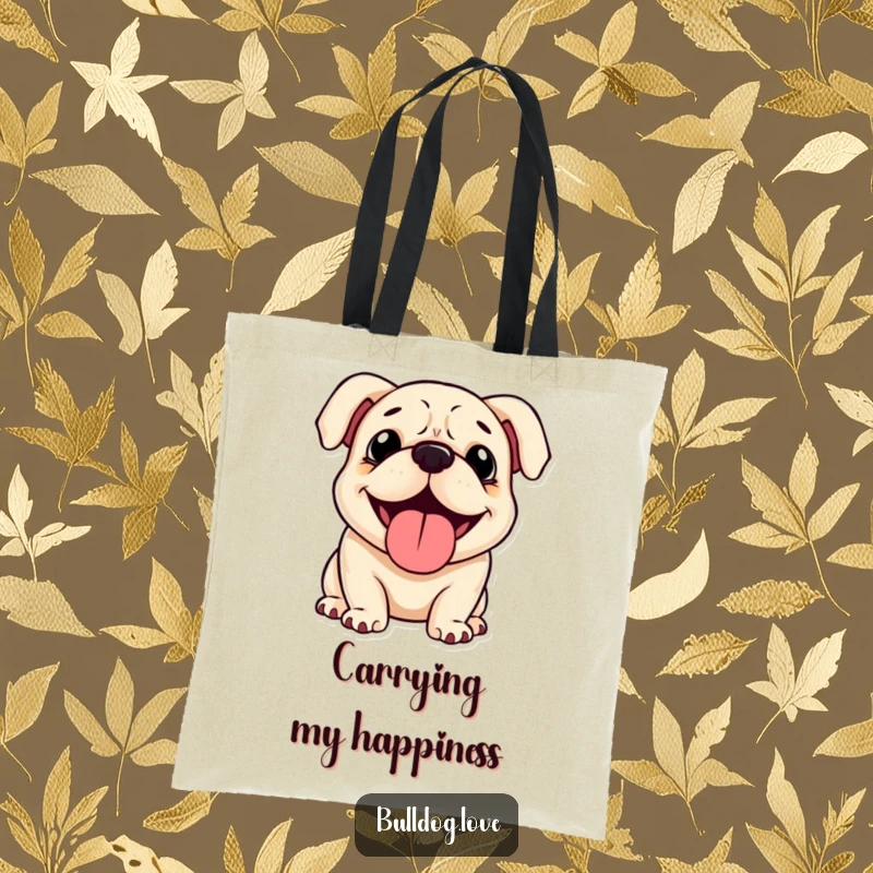 Funny Bulldog Tote Bag: A happy bulldog with floppy ears, panting contentedly, ready for daily adventures. Excellent funny gift idea.