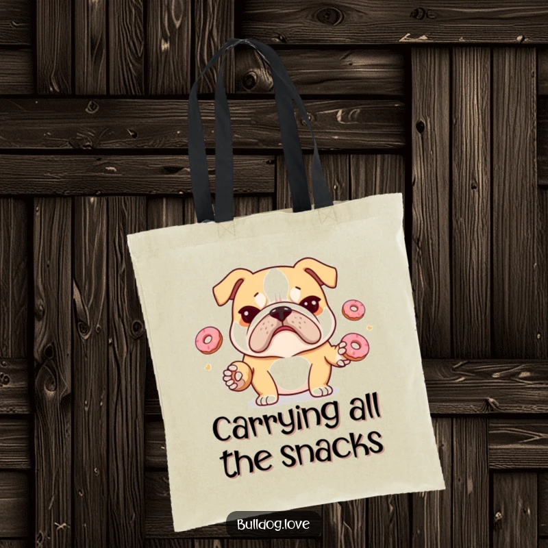 Funny bulldog tote bag showing a stressed bulldog with a furrowed brow juggling donuts, a humorous carry-all for life's demands.
