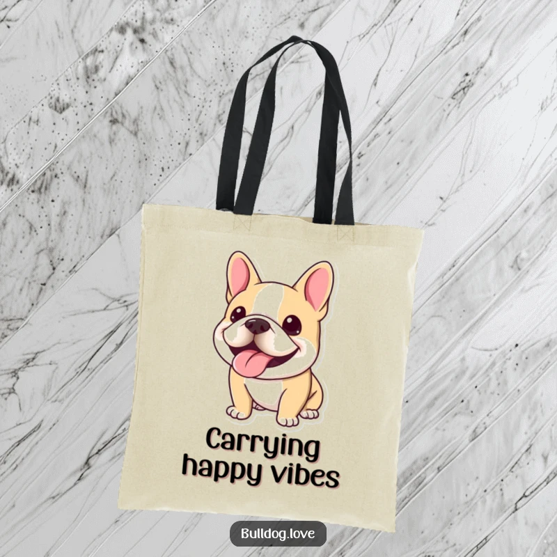 Funny Kawaii Bulldog Tote Bag featuring a dog with a huge, panting smile, perfect for carrying cheerful essentials.