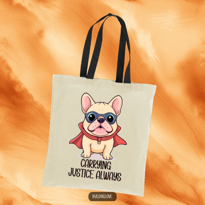 Funny Kawaii Bulldog Superhero Tote Bag featuring a dog in a cape, perfect for carrying groceries or secret mission supplies.