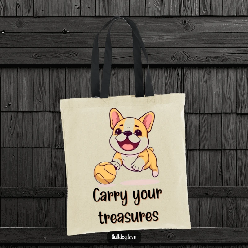 Funny Kawaii bulldog tote bag featuring a dog playfully chasing a bouncing ball, perfect for carrying essentials with joy.