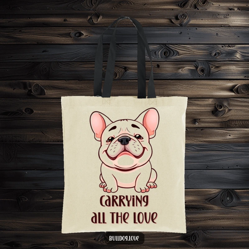 Funny Kawaii bulldog tote bag with a goofy grin and floppy ears bouncing, ideal for carrying daily items with a smile.