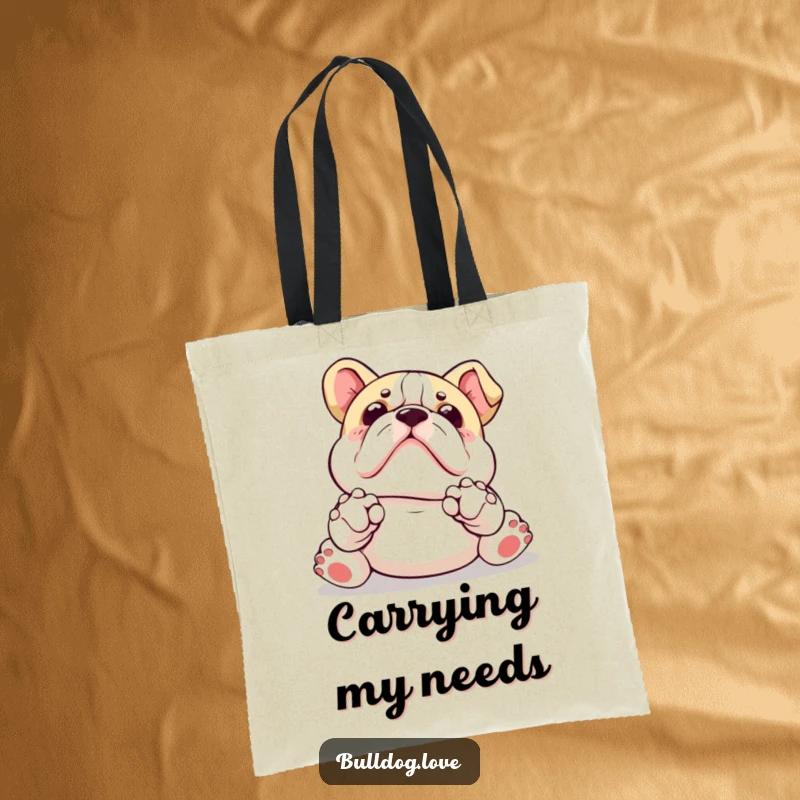 Funny Kawaii bulldog tote bag with paws up, adorably asking for a belly rub, perfect for carrying items with charm.