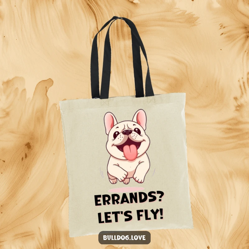 Funny Kawaii Bulldog Tote Bag showing a dog running with its tongue out, perfect for carrying items with a dash of playful energy.