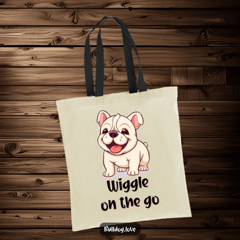 Funny Kawaii Bulldog Tote Bag featuring a dog doing a happy, clumsy wiggle, ideal for carrying everyday items.