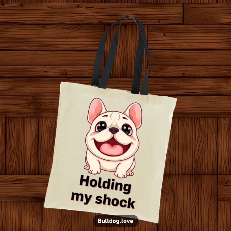 Funny tote bag showcasing a surprised bulldog with wide eyes, mid-woof, perfect for carrying daily items with humorous flair.