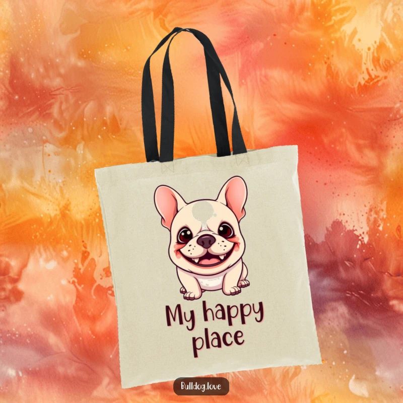 Funny Kawaii Bulldog Tote Bag showcasing a happy dog with a goofy grin and floppy ears bouncing, perfect for carrying groceries with humor.